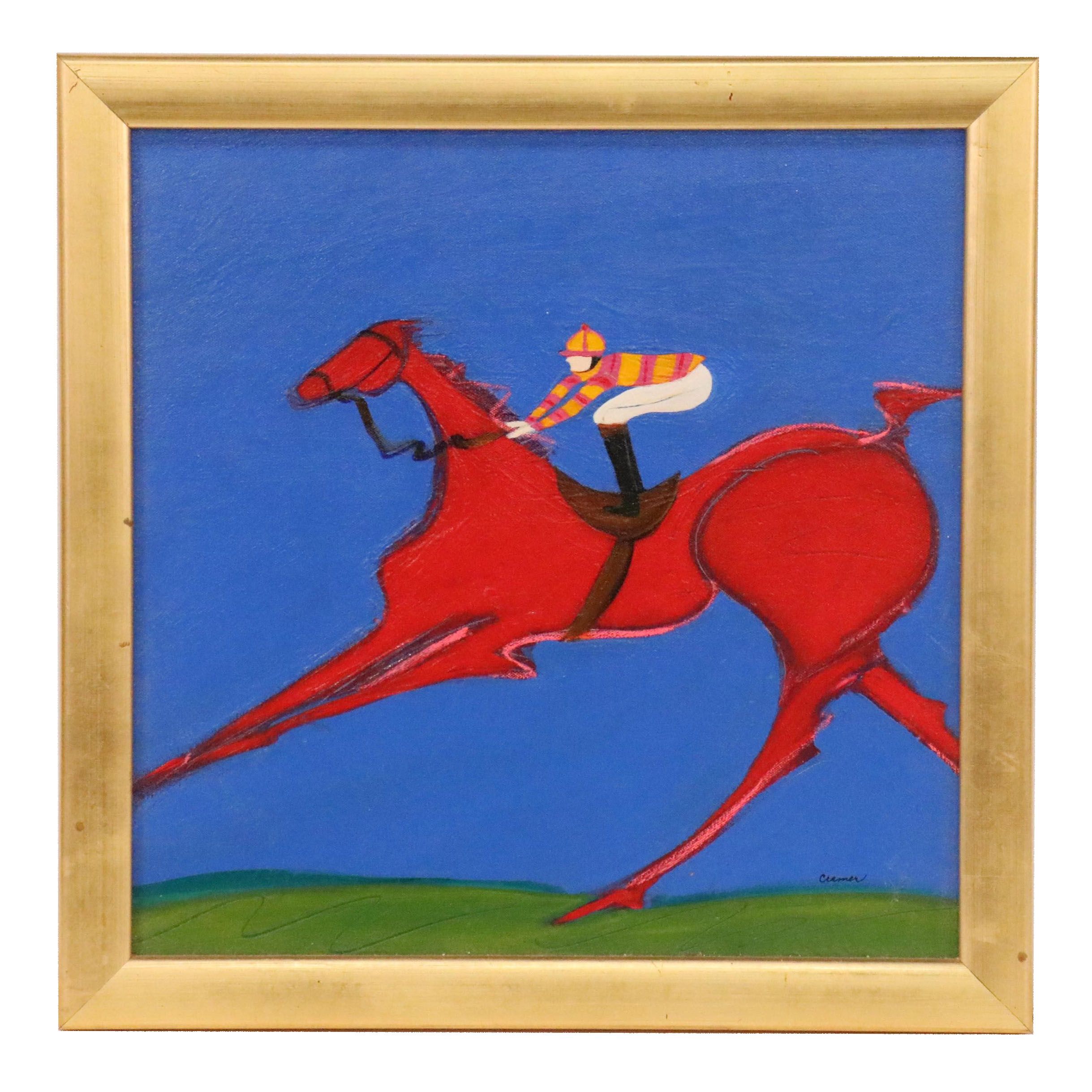 Patti Cramer Acrylic Painting of Horse and Jockey "Red Rider"