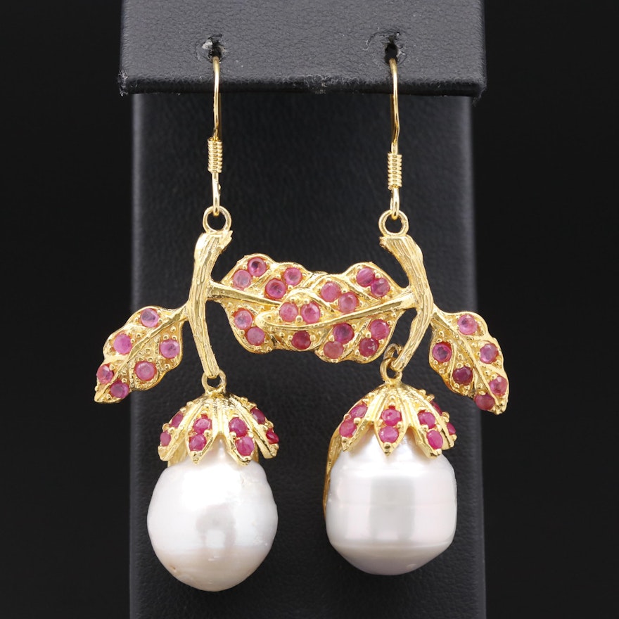 Sterling Silver Pearl and Ruby Foliate Earrings