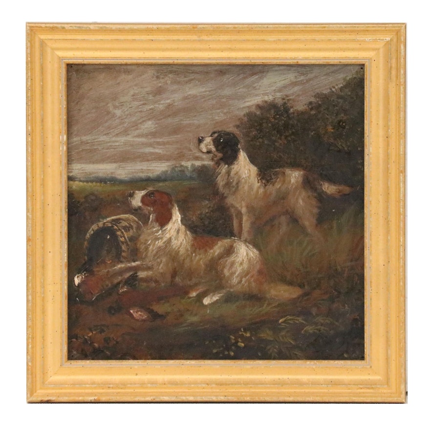 Hunt Scene Oil Painting with Two Dogs, 20th Century