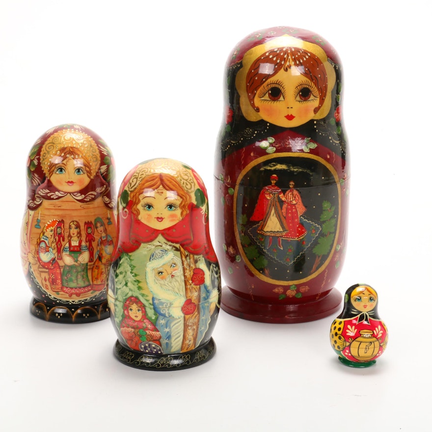 Russian Hand-Painted Matryoska Nesting Dolls and Ornaments, Signed