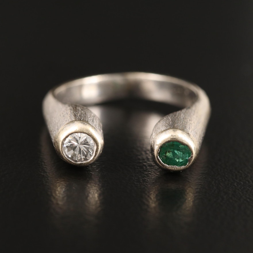 14K Bezel Set Emerald and Diamond Open Shank Ring