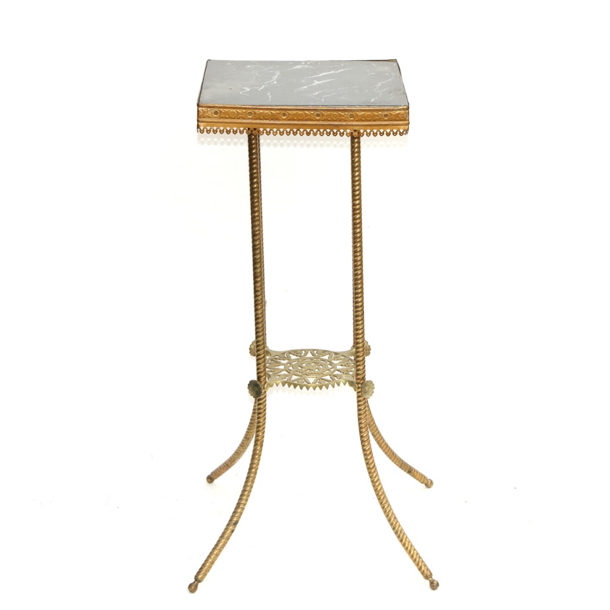 Victorian Style Brass Plant Stand With Marble Surface