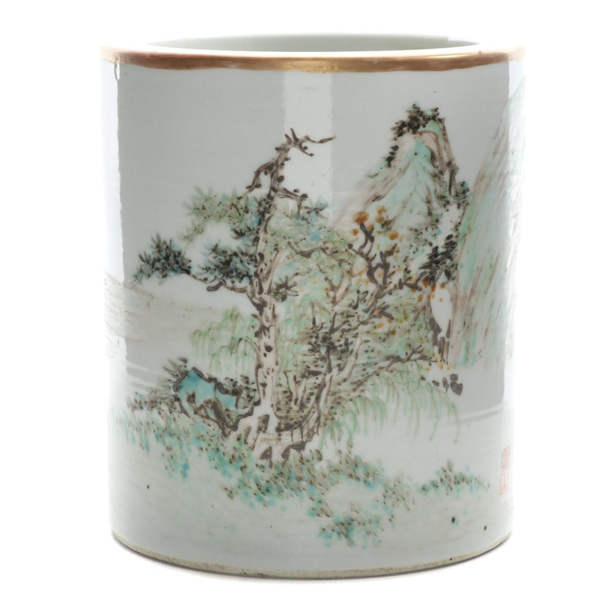 Chinese Hand-Painted Porcelain Brush Pot, Late 19th/Early 20th Century
