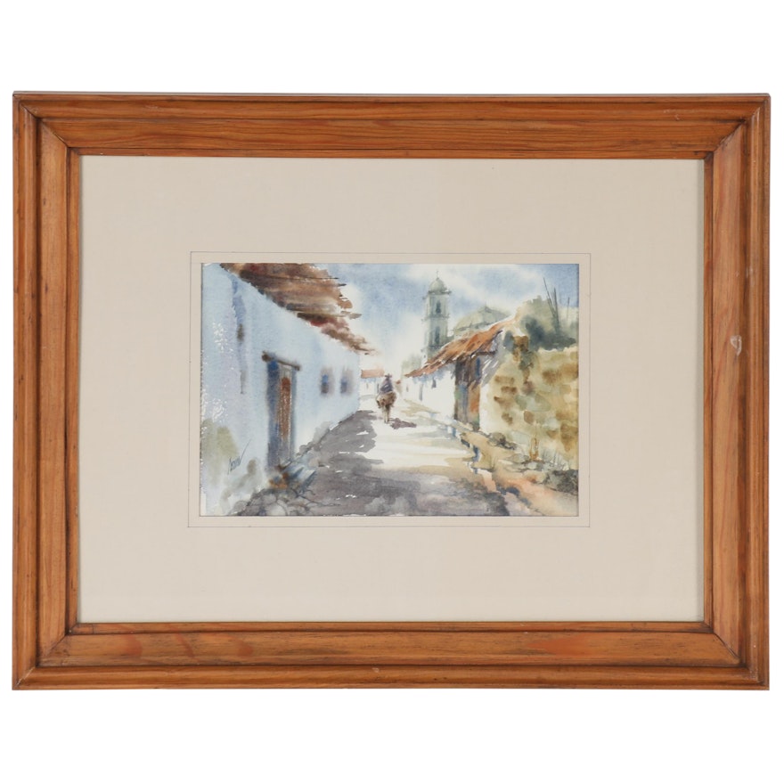 Watercolor Painting of South American Village Scene, 20th Century
