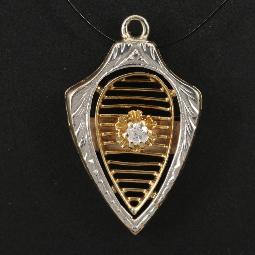 Art Deco 10K Diamond Openwork Shield Pendant with Platinum Accent