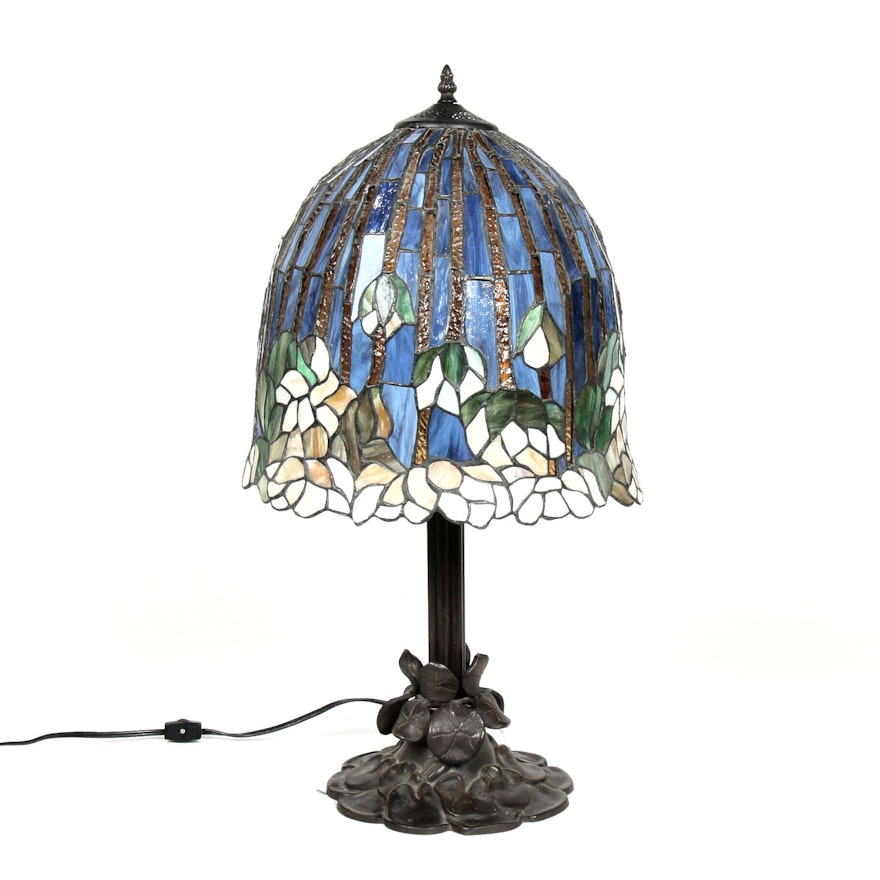 Tiffany Style Blue Slag Glass and Floral Design Table Lamp