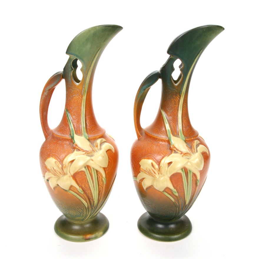 Pair of Roseville Pottery "Zephyr Lily" Ewers, 1940s