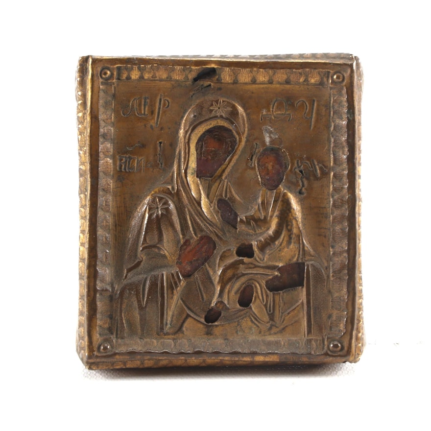 Russian Icon of the Theotokos with Brass Riza, 19th Century