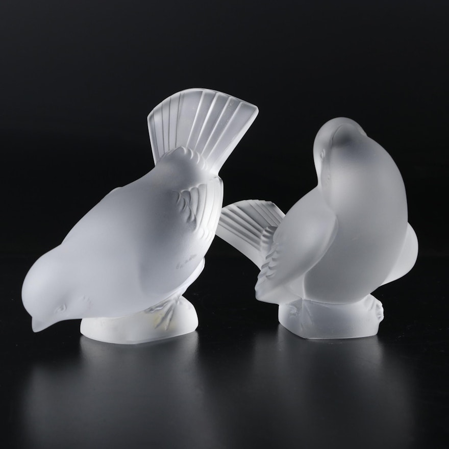 Lalique "Moineau Timide" and "Moineau Moqueur" Frosted Crystal Figurines