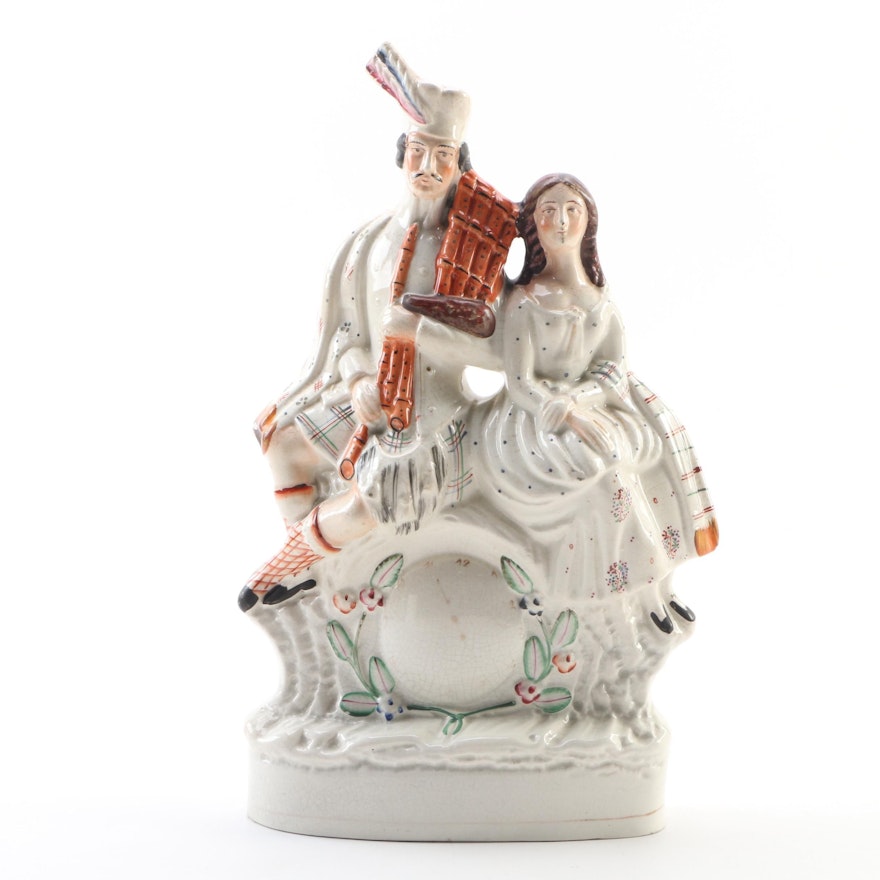 English Staffordshire Highlanders Clock Figurine, Mid to Late 19th Century