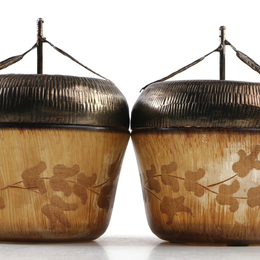 Bronze Tone Lidded Etched Glass Acorn Boxes from The Silky Way