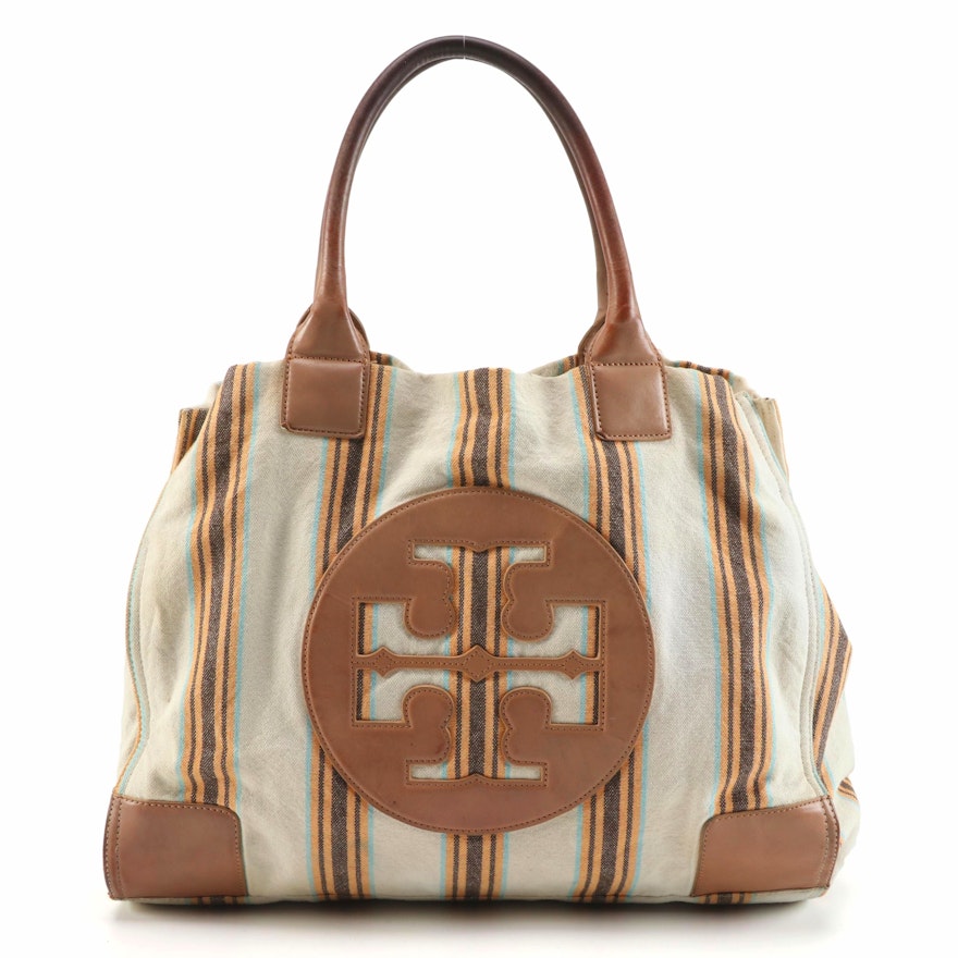 Tory Burch Tote in Striped Canvas and Light Brown Leather