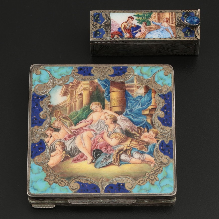 Italian 800 Silver and Enamel Compact and Lipstick Tube, Mid-20th Century