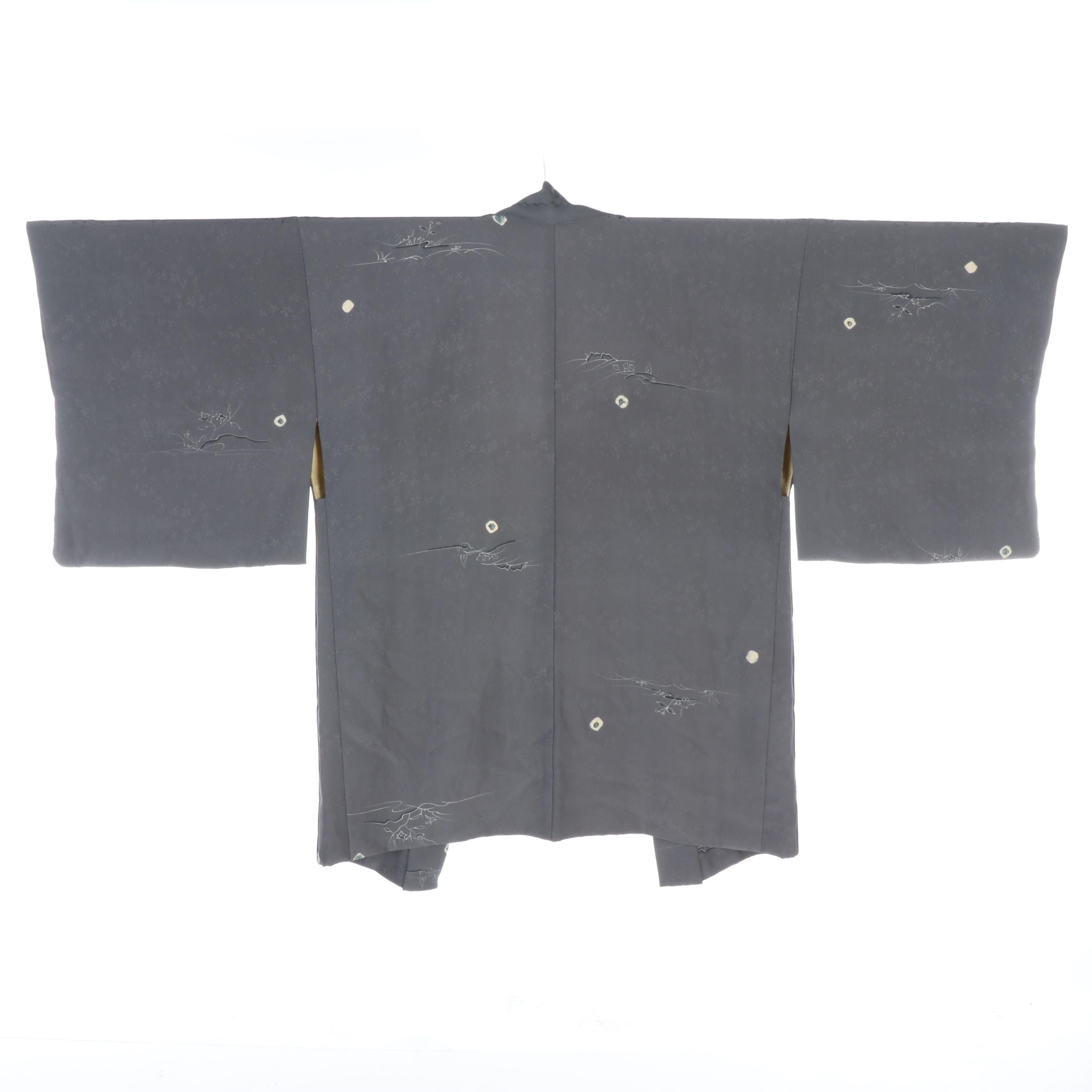 Slate Blue/Gray Silk Haori with Shibori and Yuzen Accents