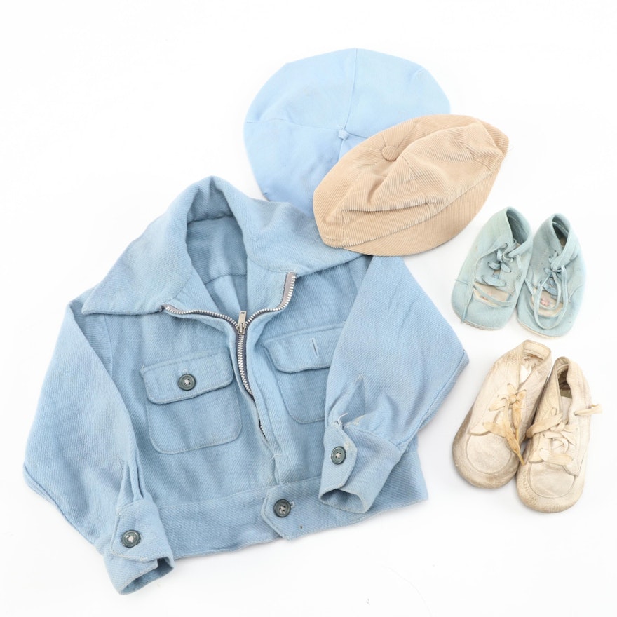 Boys' Light Blue Jacket with Beige and Blue Hats and Shoes, Vintage