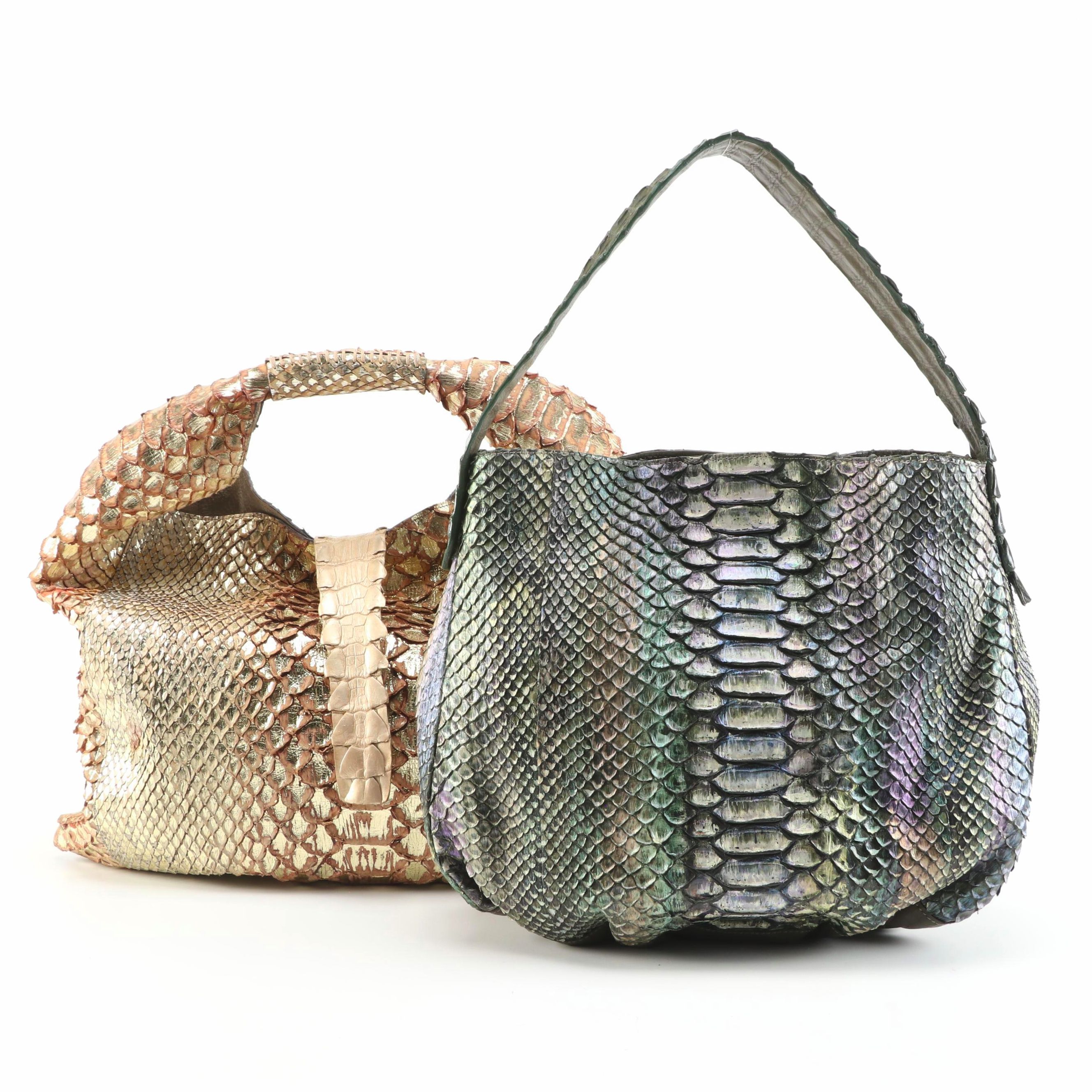 Silvano Biagini Python Skin Hobo Bags in Iridescent Green and Gold Metallic