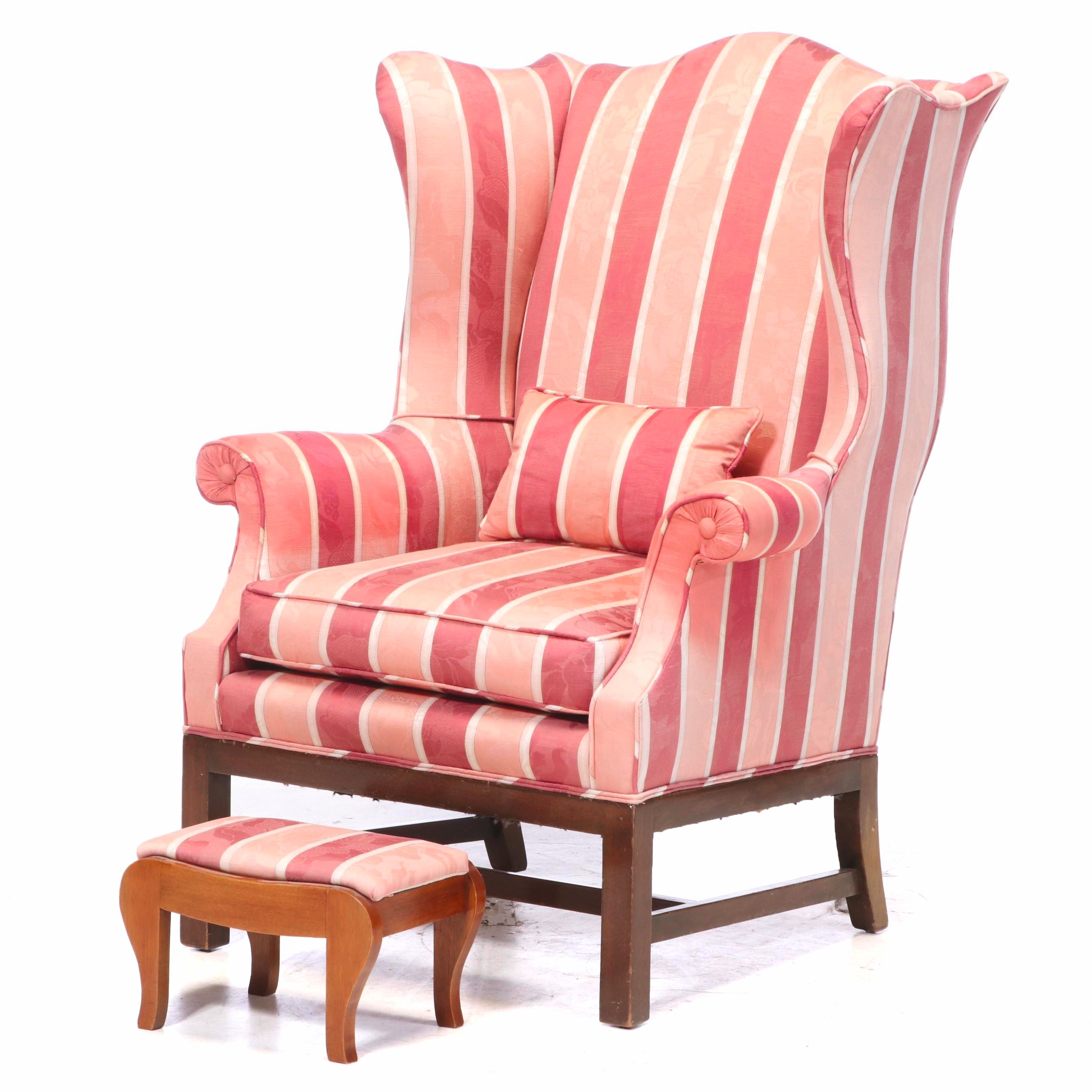Chippendale Style Upholstered Mahogany Wingback Armchair Plus Walnut Footstool