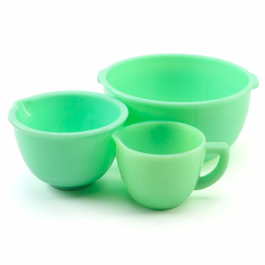 McKee Jadeite Measuring Cup and Depression Green Glass Mixing Bowls