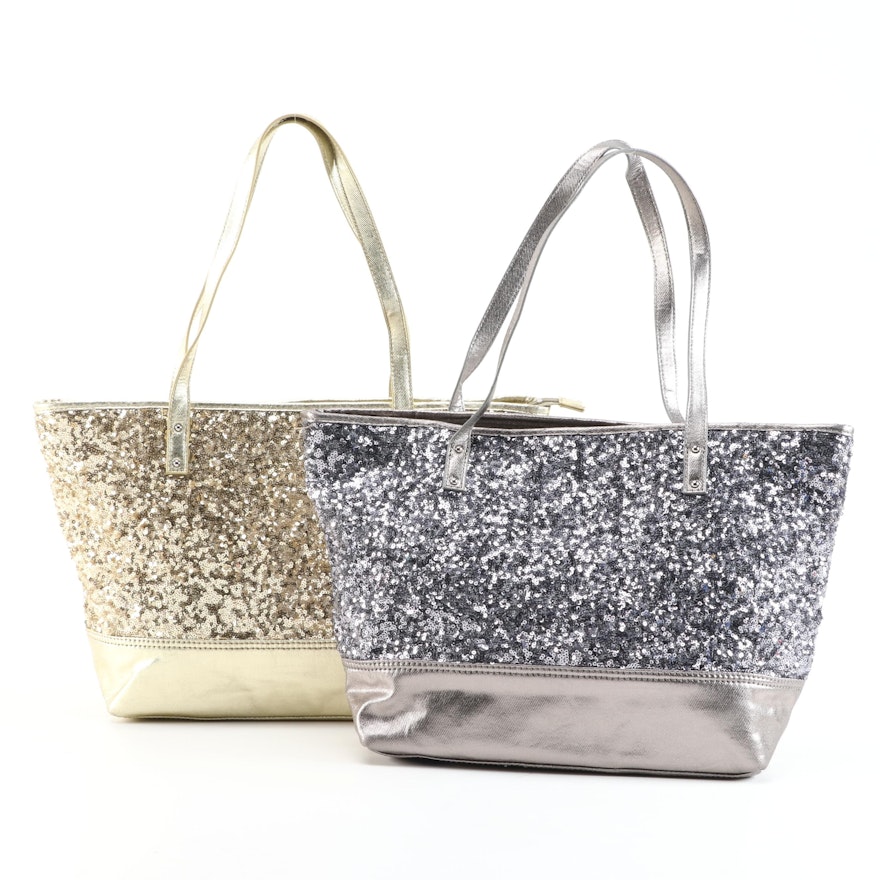 Nine West Sequined and Metallic Canvas Totes in Gold and Silver