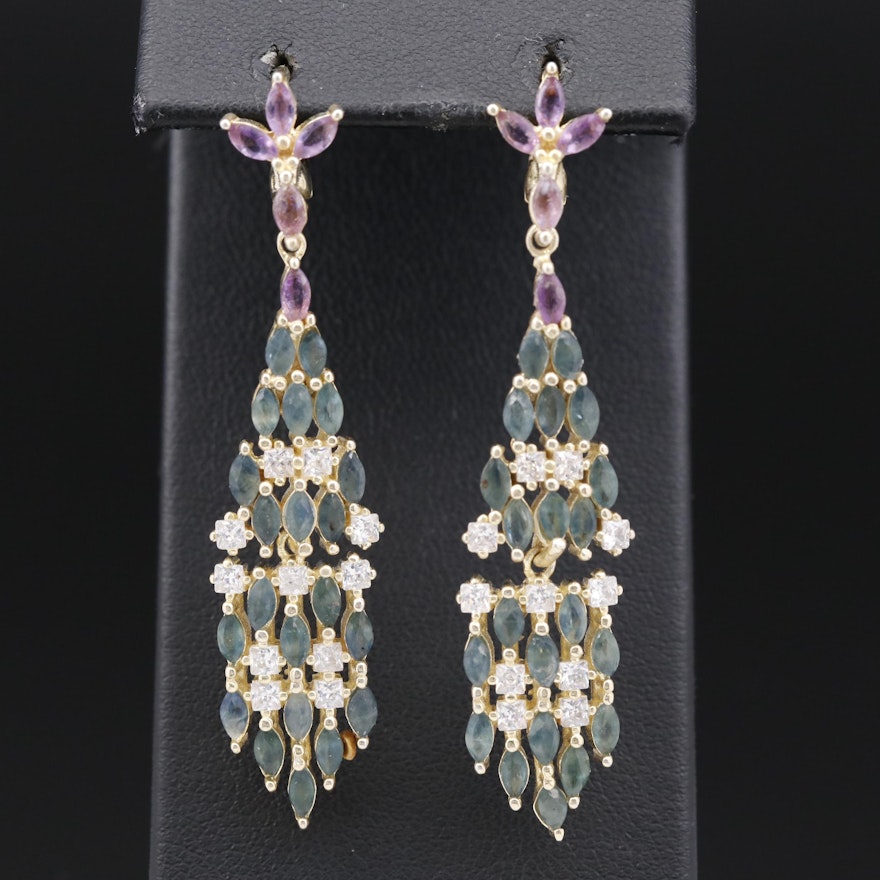 Sterling Silver Corundum, Amethyst and Sapphire Dangle Earrings