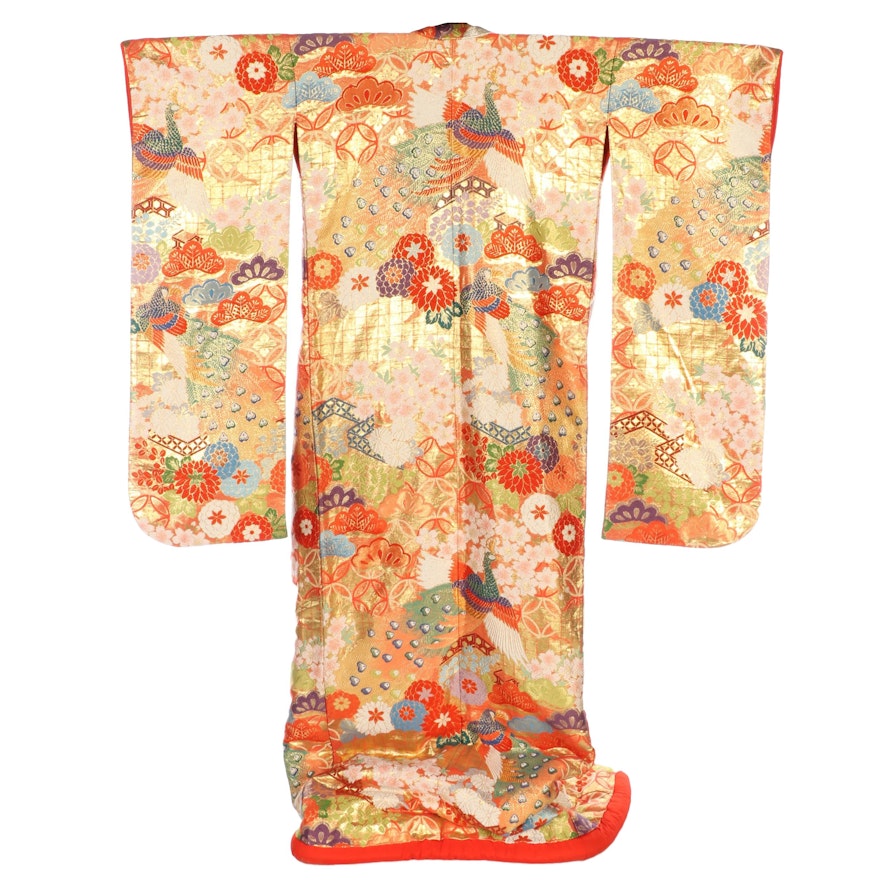 Peacock and Floral Red Brocade Uchikake Wedding Kimono