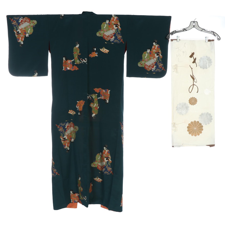 Dark Peacock Green Kimono Depicting Figures Engaged in Activities with Tatoshi