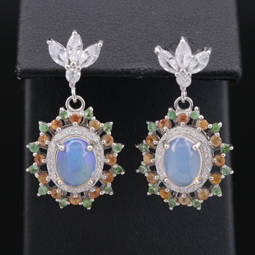 Sterling Silver Opal, Quartz and Cubic Zirconia Dangle Earrings