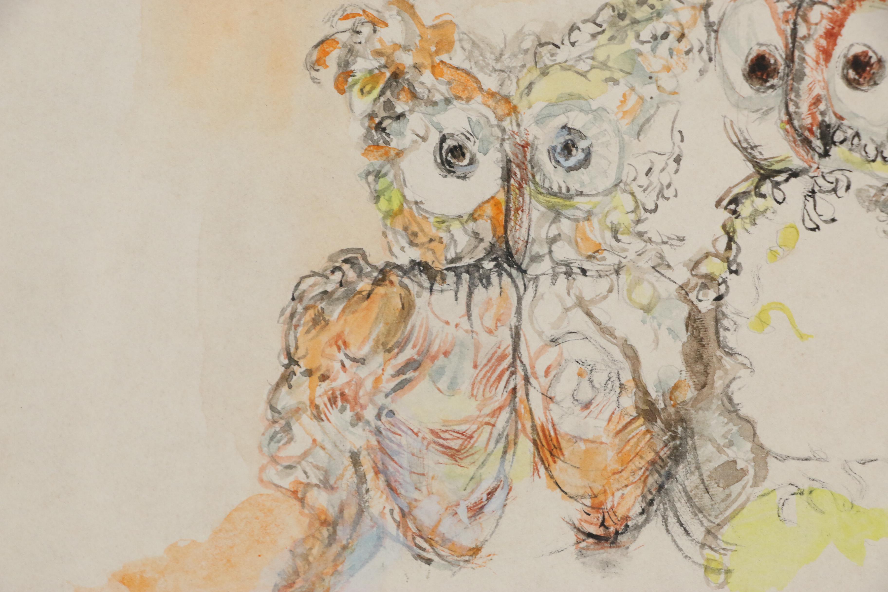 Watercolor Illustration of Two Owls, 1969