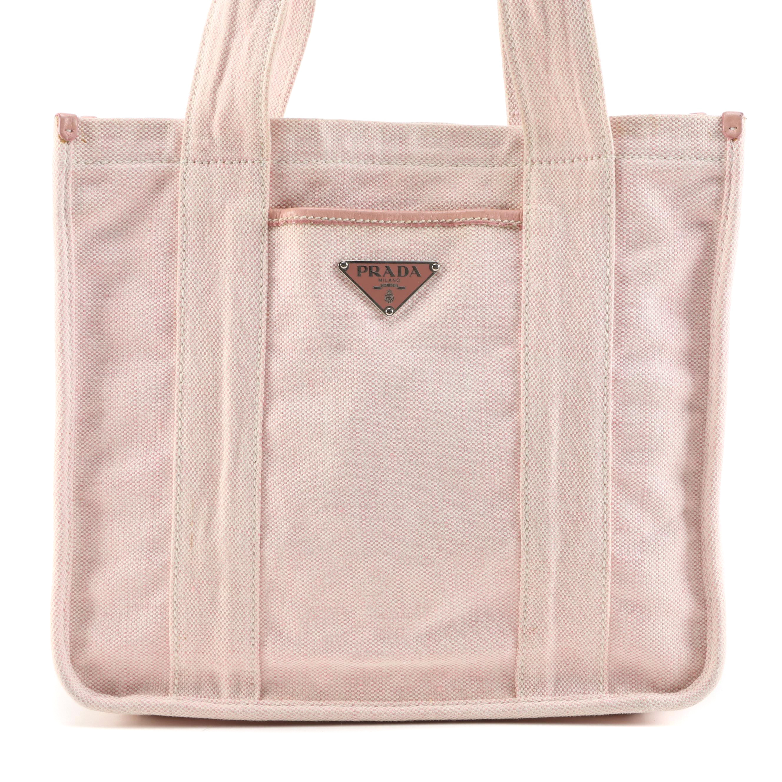 Prada Pink Misto Lino Canvas Shopping Tote with Leather Trim