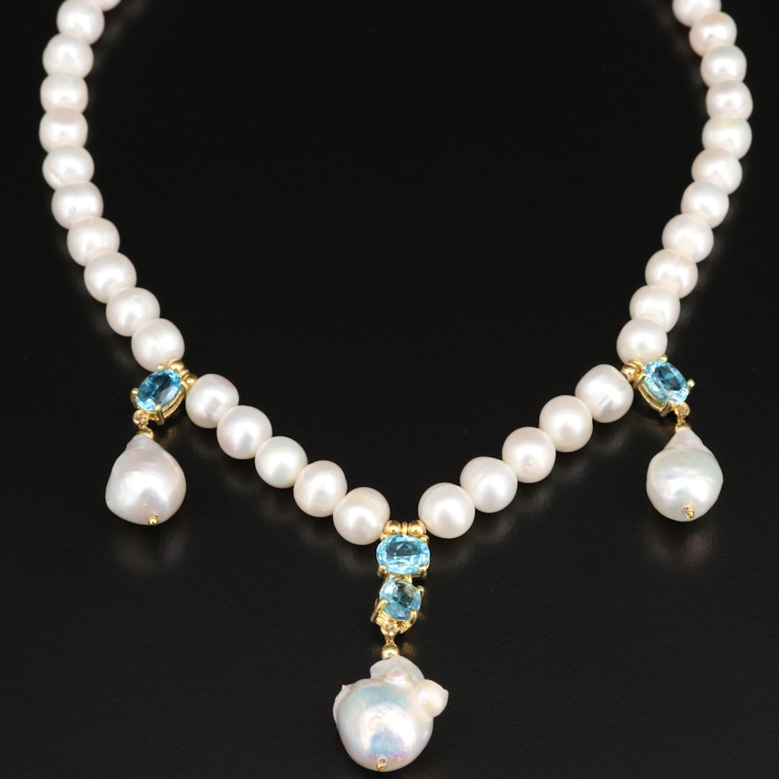 Swiss Blue Topaz and Pearl Strand Drop Necklace