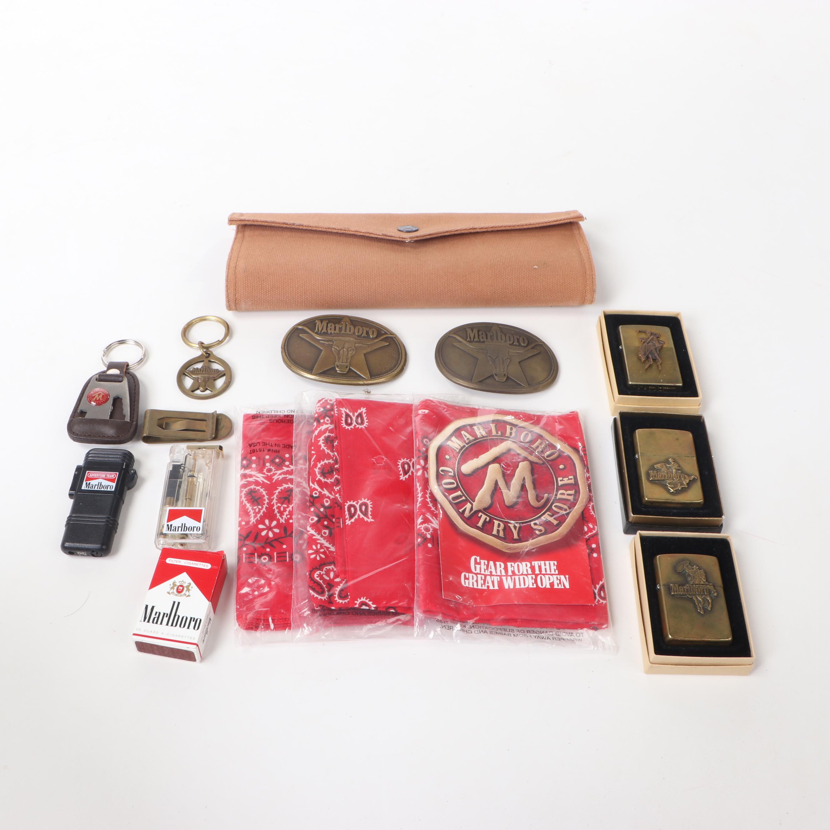 Marlboro Memorabilia Including Lighters, Posters, Thermos and Poker Set