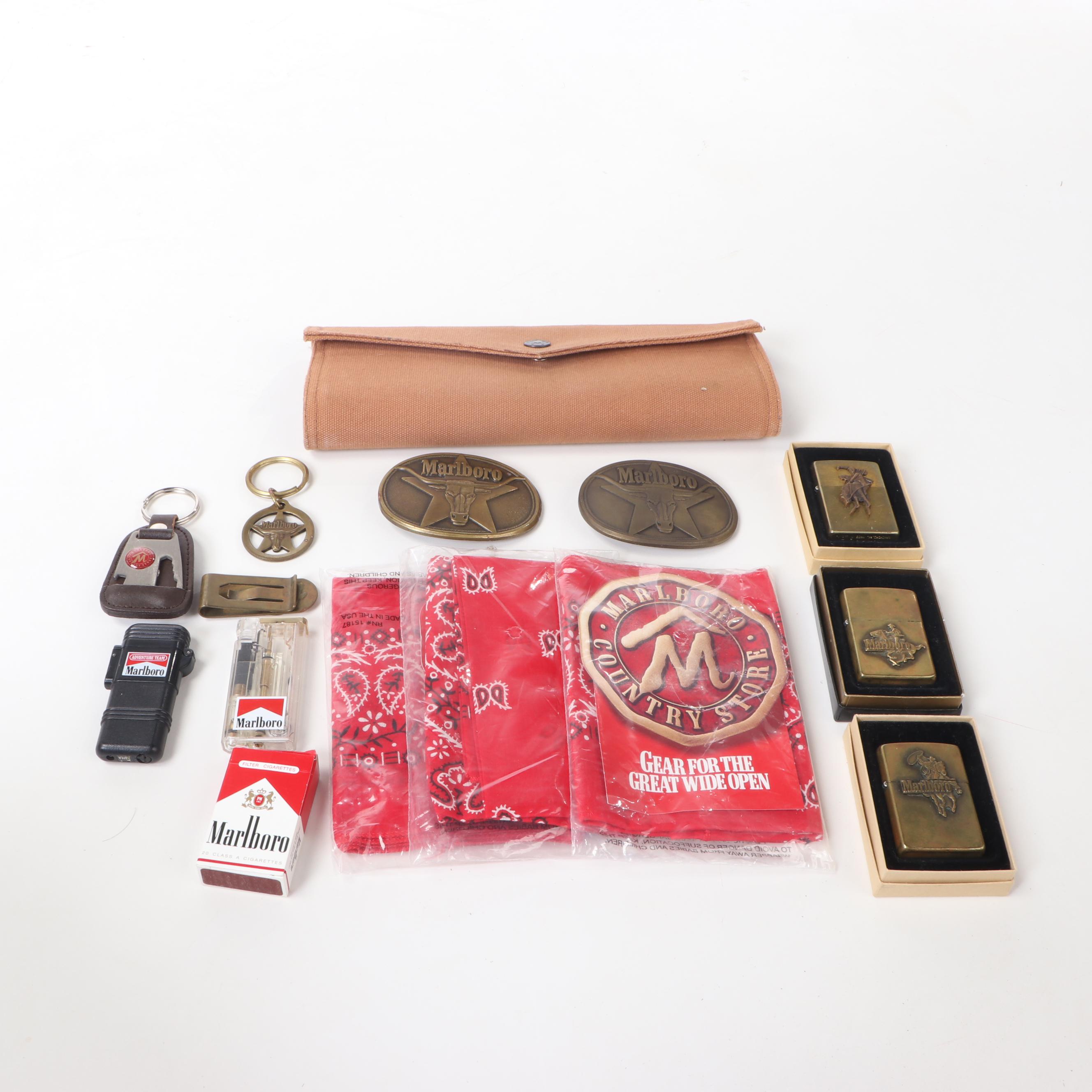 Marlboro Memorabilia Including Lighters, Posters, Thermos and Poker Set