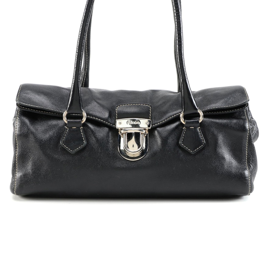 Prada Easy Satchel Bag in Nero Buffalo Leather with Contrast Stitching