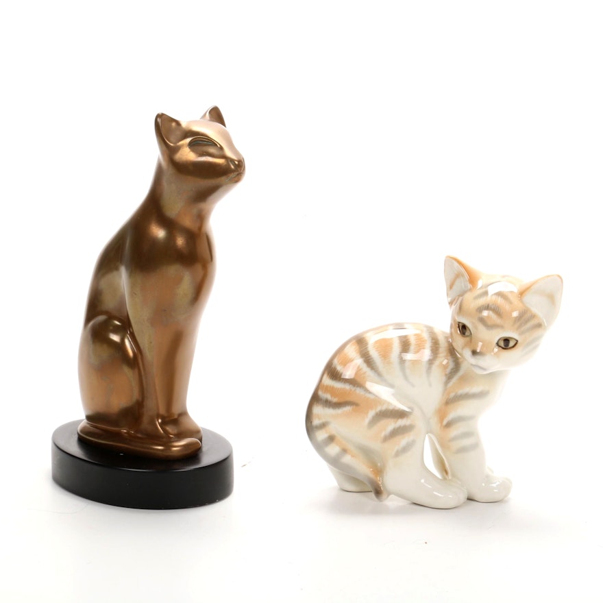 Dewitt Bronze and Lomonosov Porcelain Cat Figurines