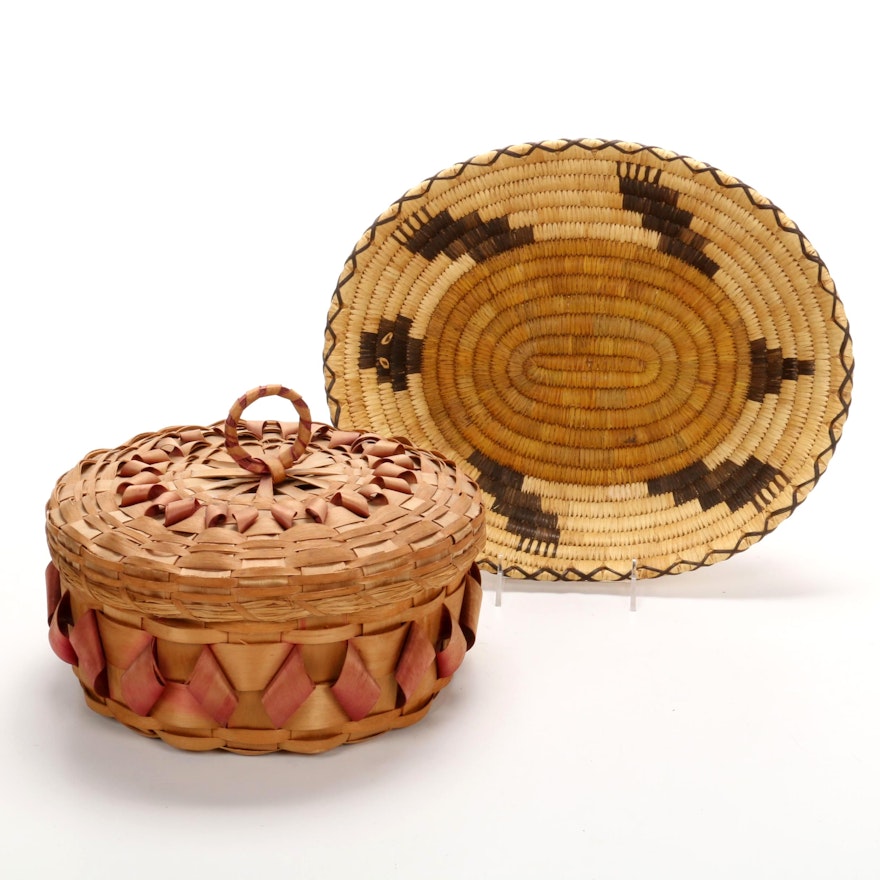 Handwoven Turtle Basket and Northeast Native American Style Lidded Box