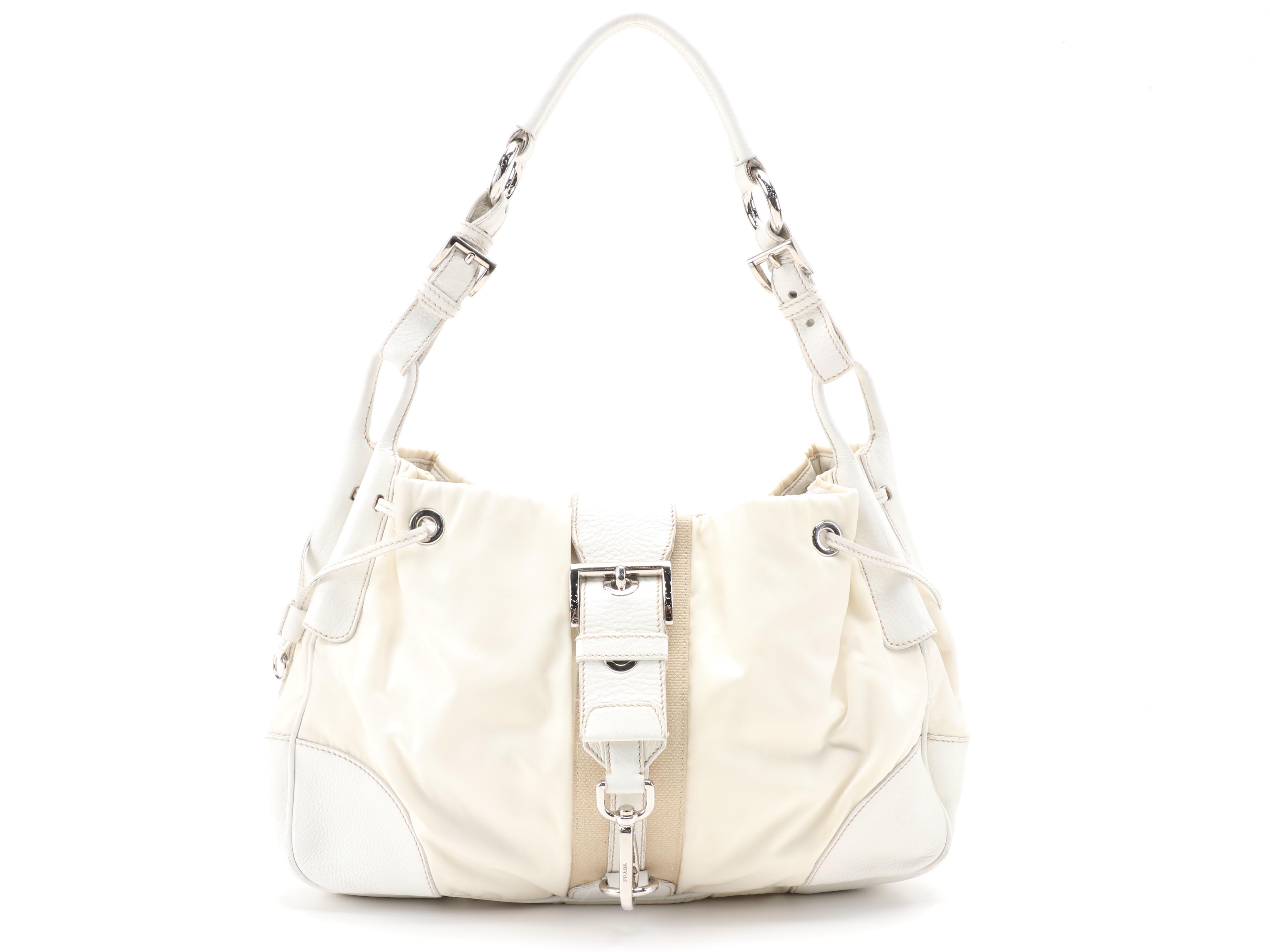 Prada Ivory Nylon and White Leather Trimmed Web Stripe Shoulder Bag