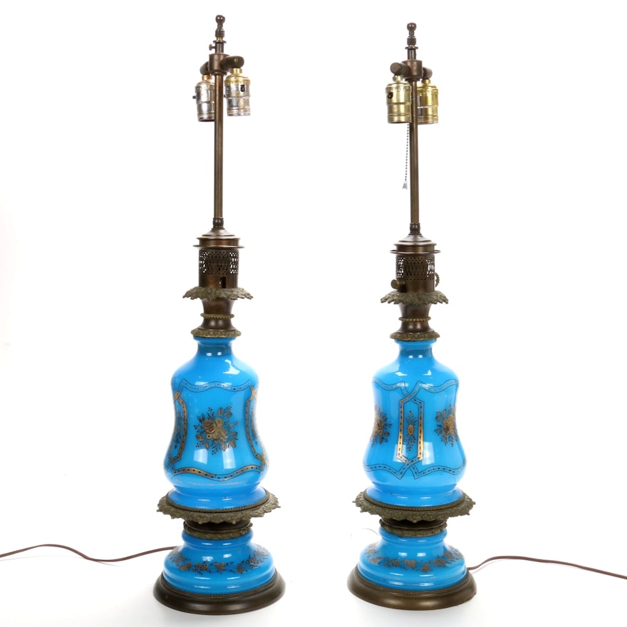 Pair of French Hand-Painted Blue Opaline Glass and Metal Table Lamps