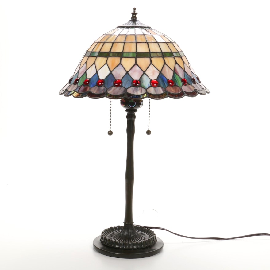 Quoizel Cast Metal Table Lamp with Slag Glass Shade and Iridescent Cabochons