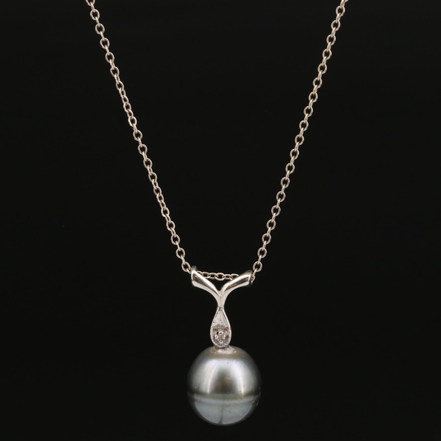10K Pearl and Diamond Pendant on 14K Chain Necklace