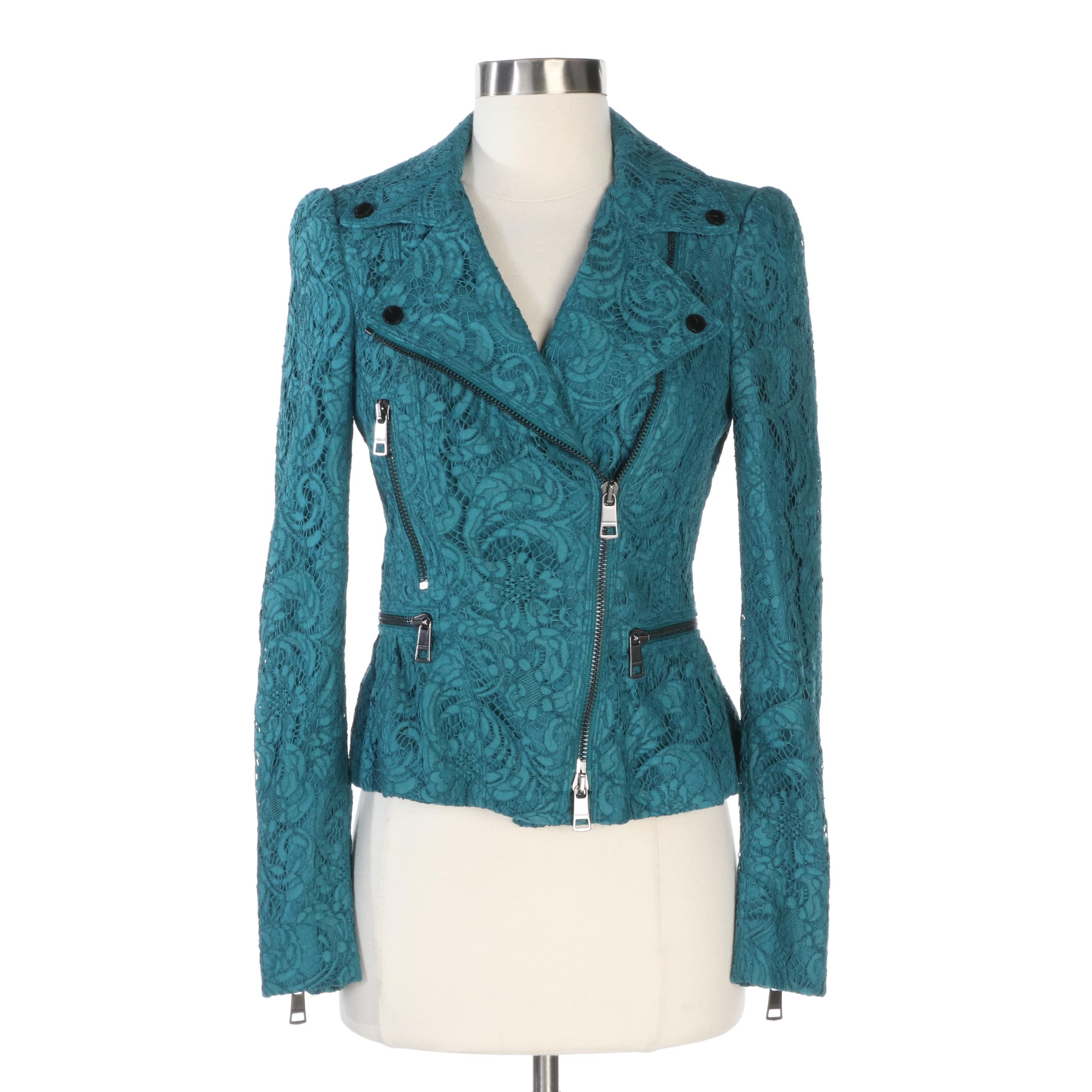 Burberry London Teal Green Lace Moto Jacket