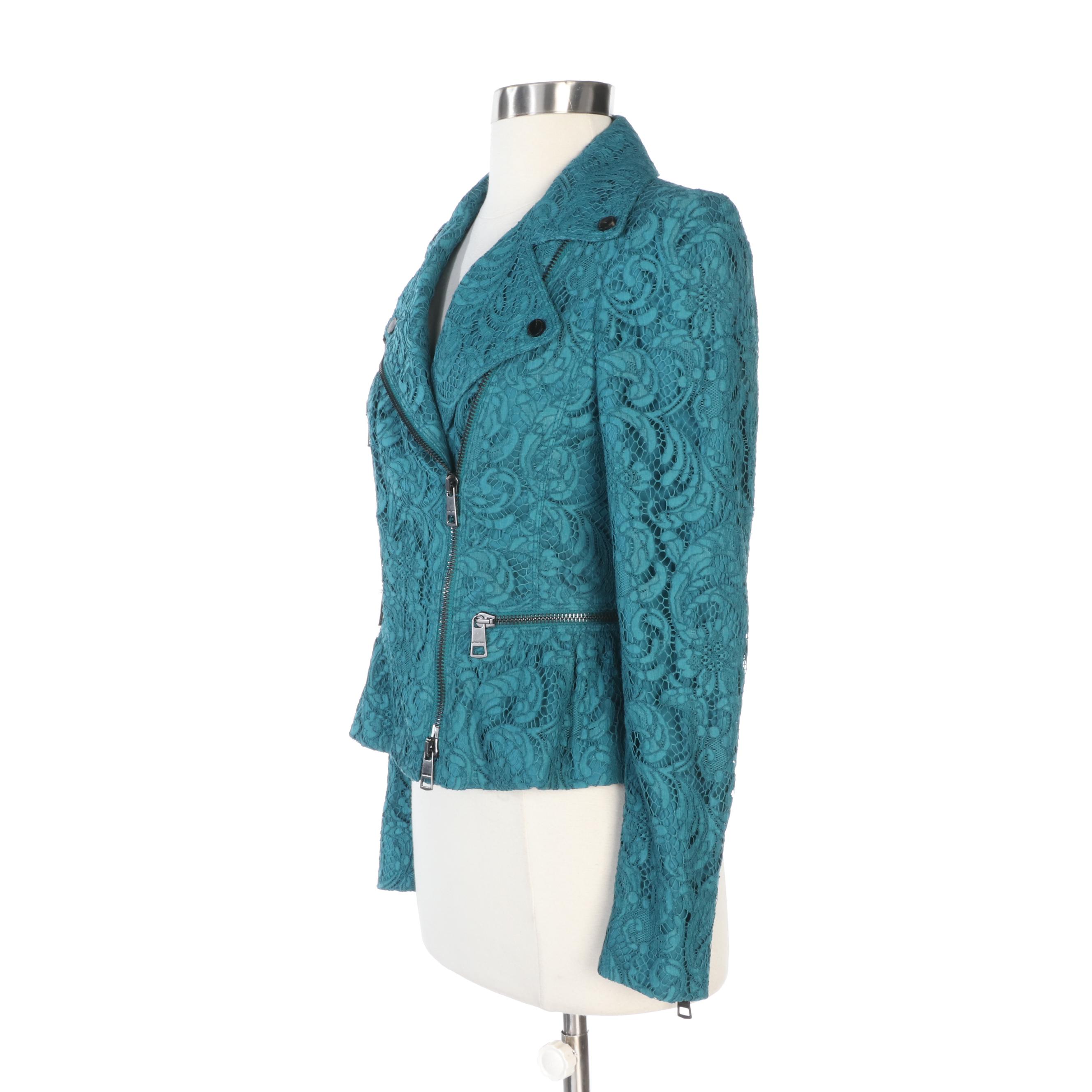 Burberry London Teal Green Lace Moto Jacket