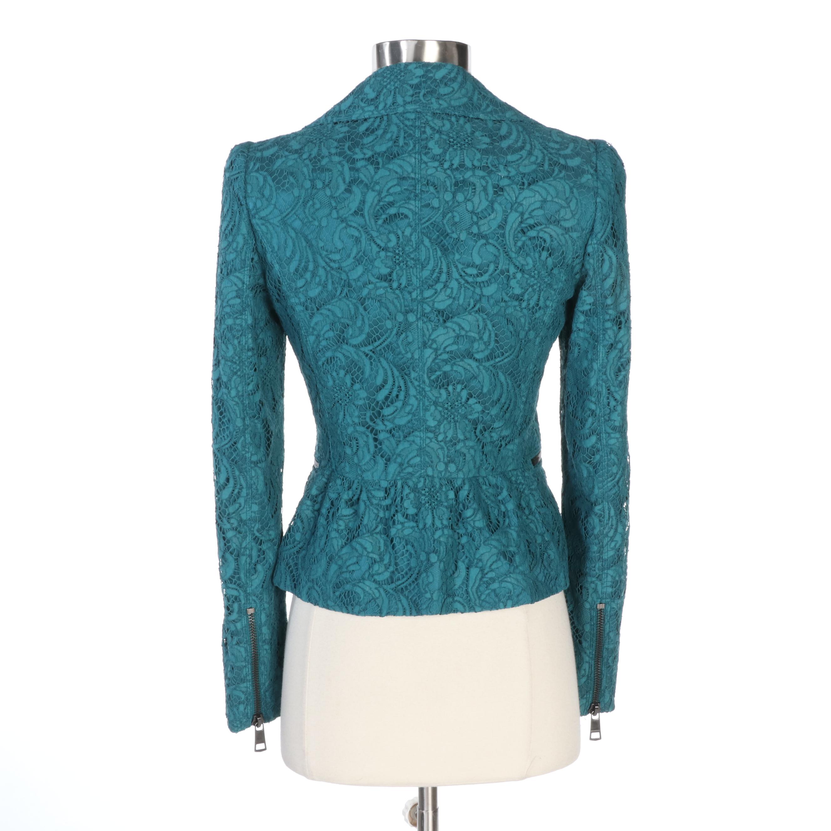 Burberry London Teal Green Lace Moto Jacket