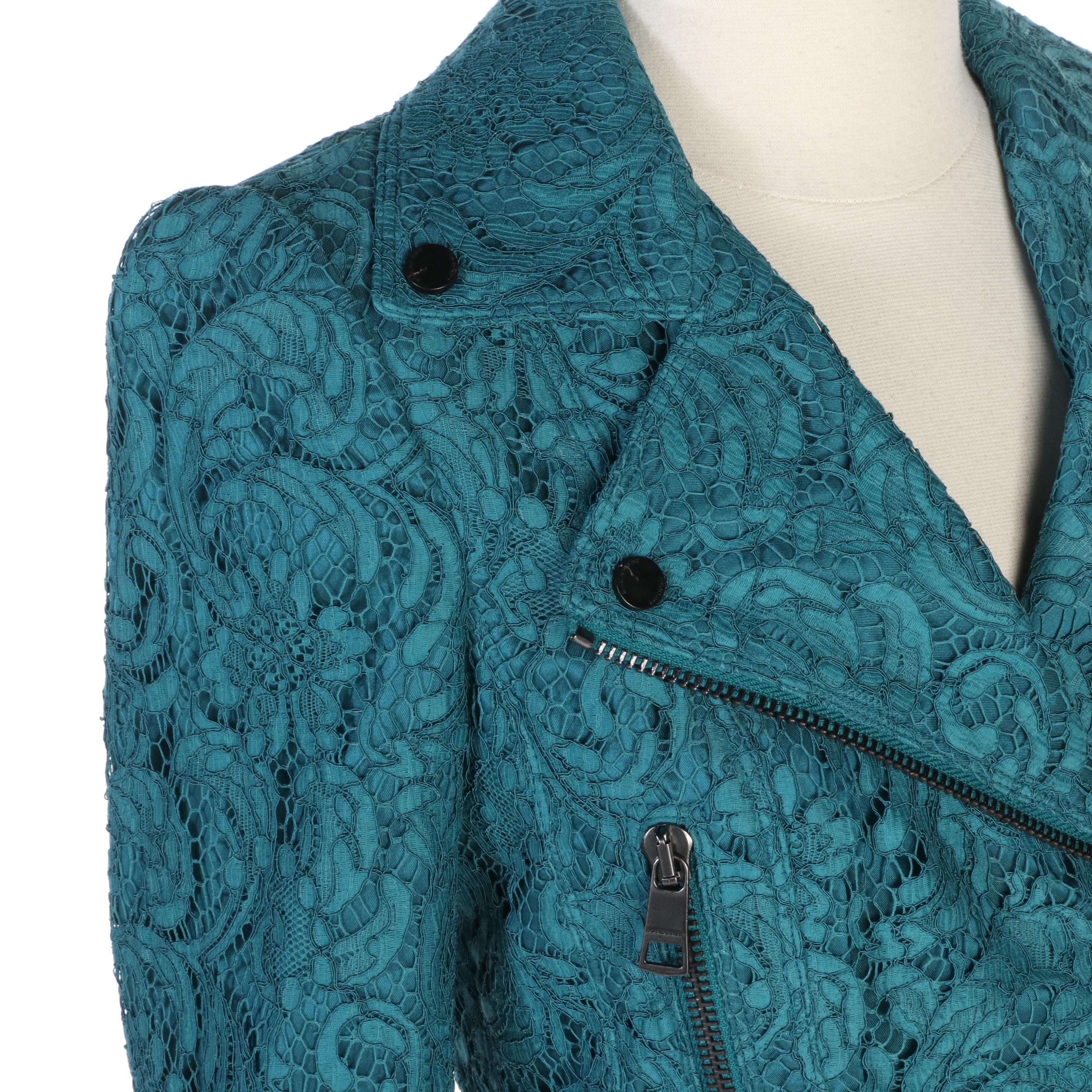 Burberry London Teal Green Lace Moto Jacket