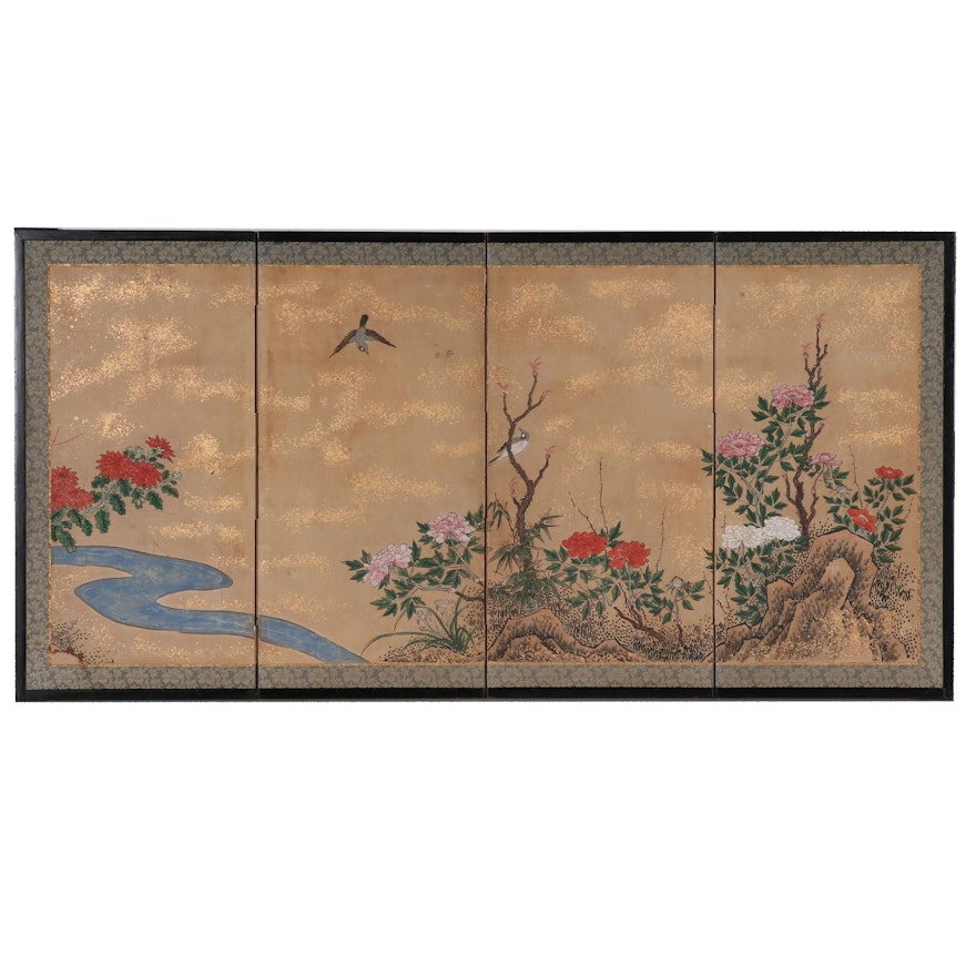 Antique Japanese Hand Painted Screen of Garden with Birds