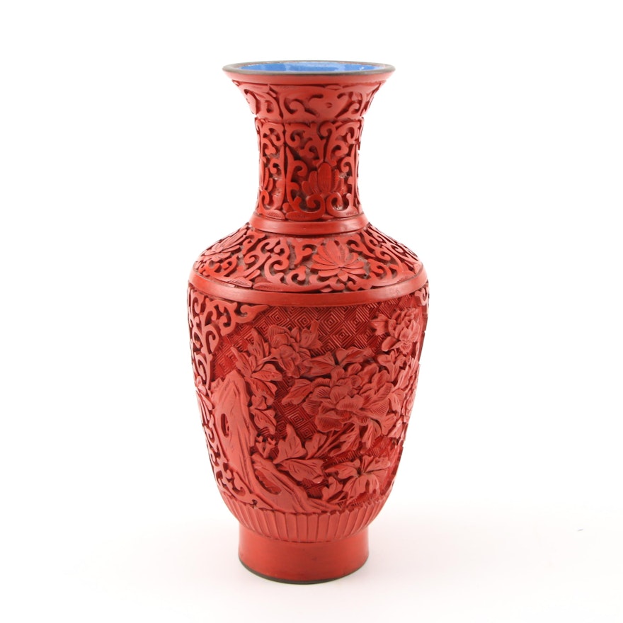 Chinese Carved Cinnabar on Brass Vase