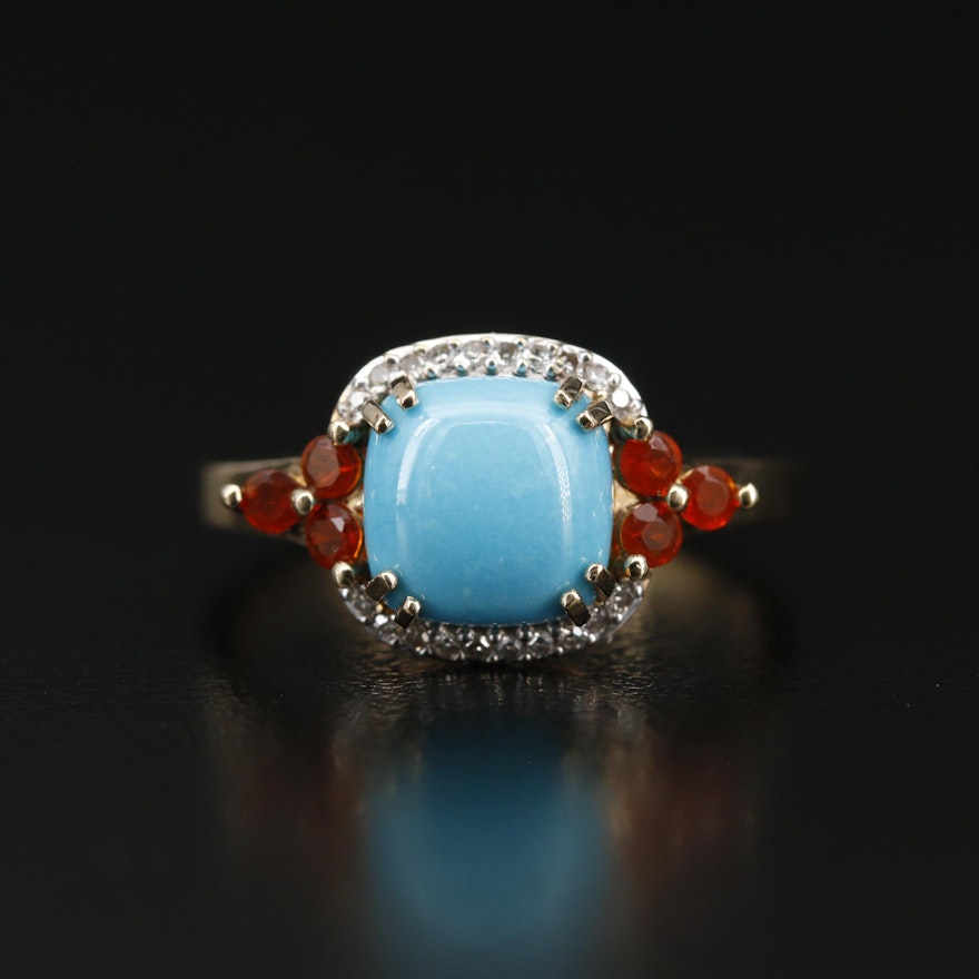 14K Turquoise, Fire Opal and Diamond Ring