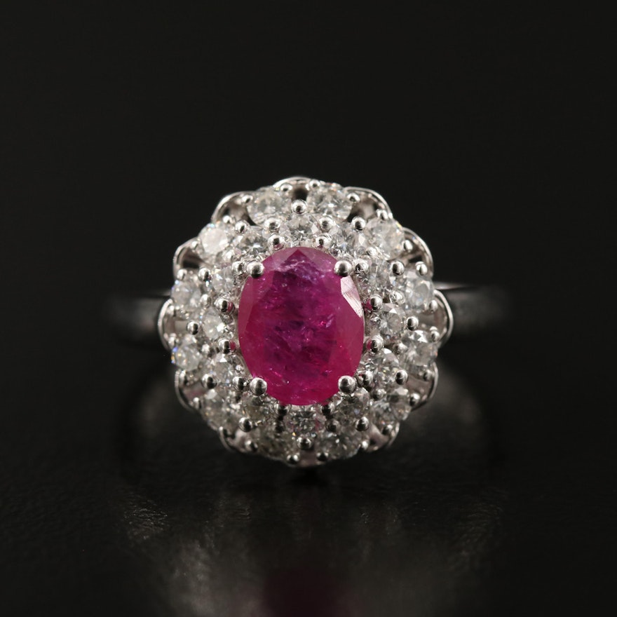 Platinum 1.05 CT Ruby and Double Diamond Halo Ring with GIA Report