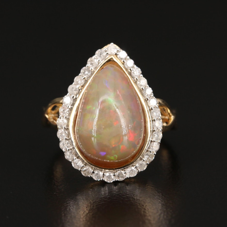 Sterling Silver Opal and Diamond Halo Teardrop Ring