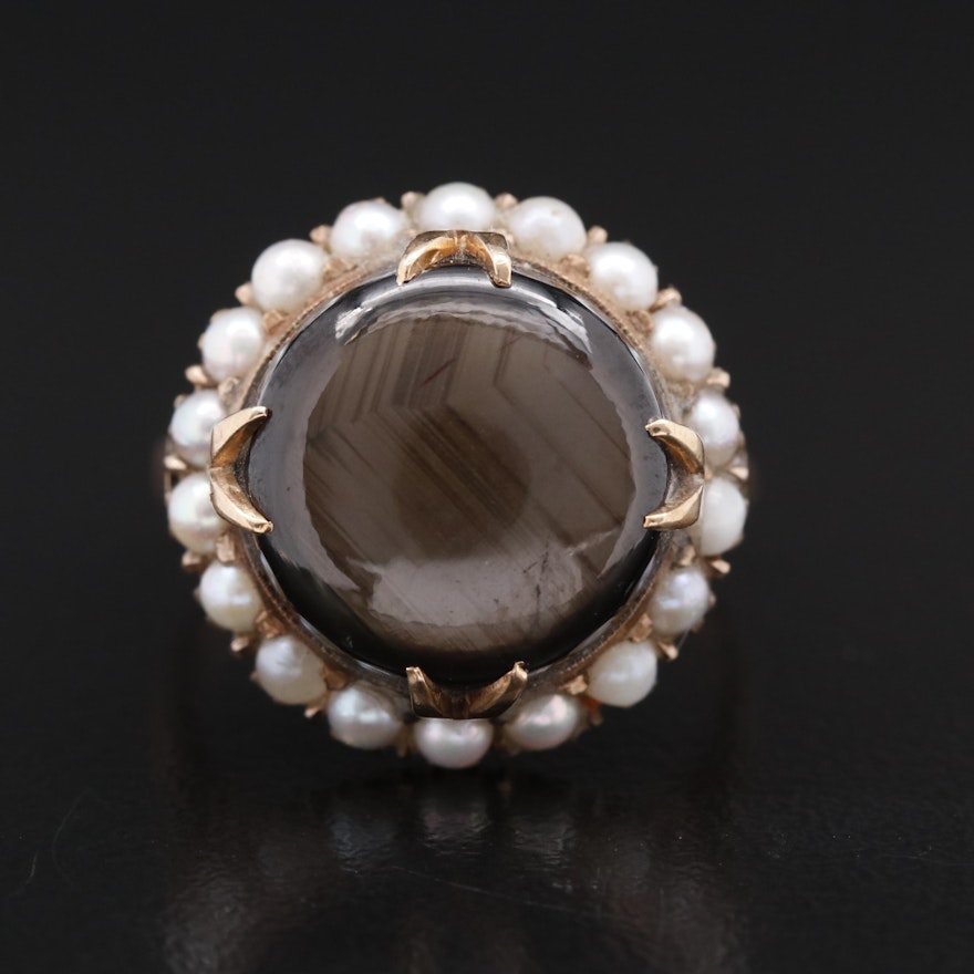 Vintage 14K 11.53 CT Black Star Sapphire and Pearl Halo Ring