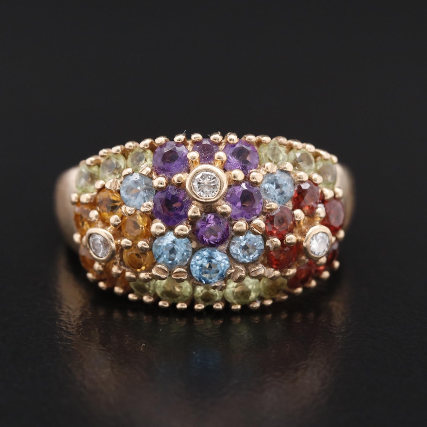 10K Diamond and Gemstone Floral Ring